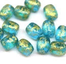 Blue barrel czech glass beads with gold wash