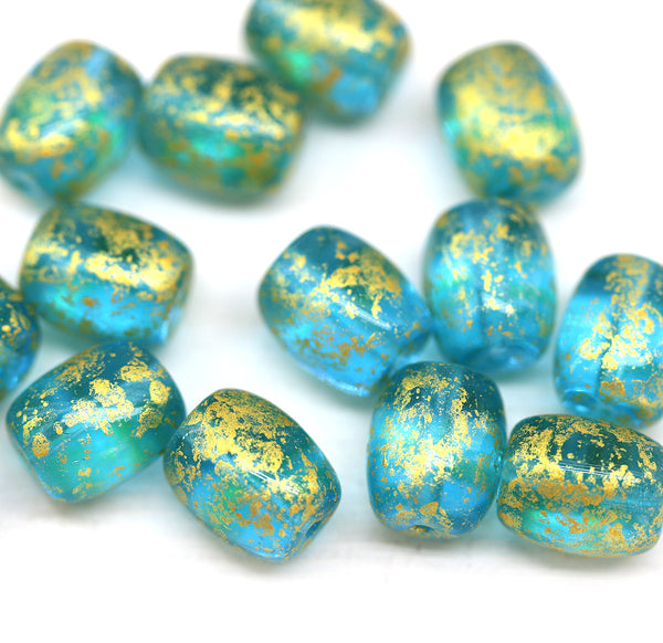 Blue barrel czech glass beads with gold wash