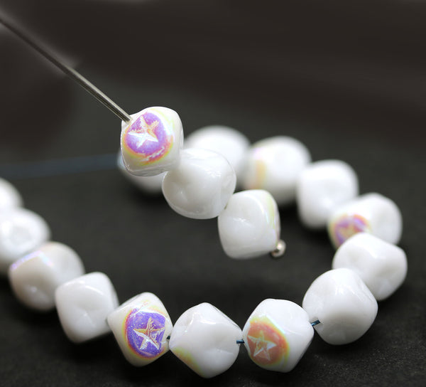 7mm White cube czech glass beads star ornament, 20pc