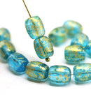 Blue barrel czech glass beads with gold wash
