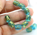 Blue barrel czech glass beads with gold wash