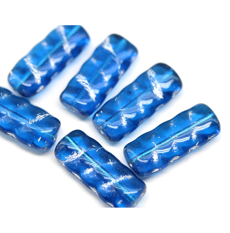 25x11mm Capri blue Rectangular czech glass beads silver wash, 6Pc
