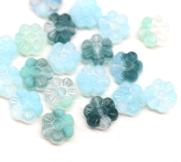 8mm Blue daisy flower czech glass beads, 20pc
