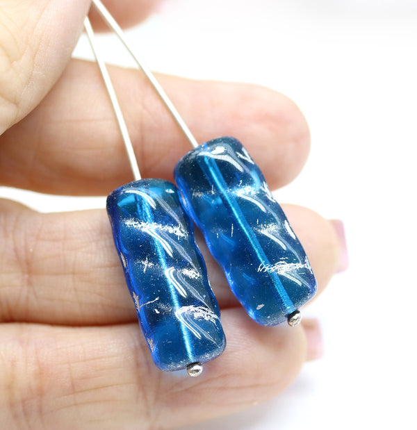 25x11mm Capri blue Rectangular czech glass beads silver wash, 6Pc
