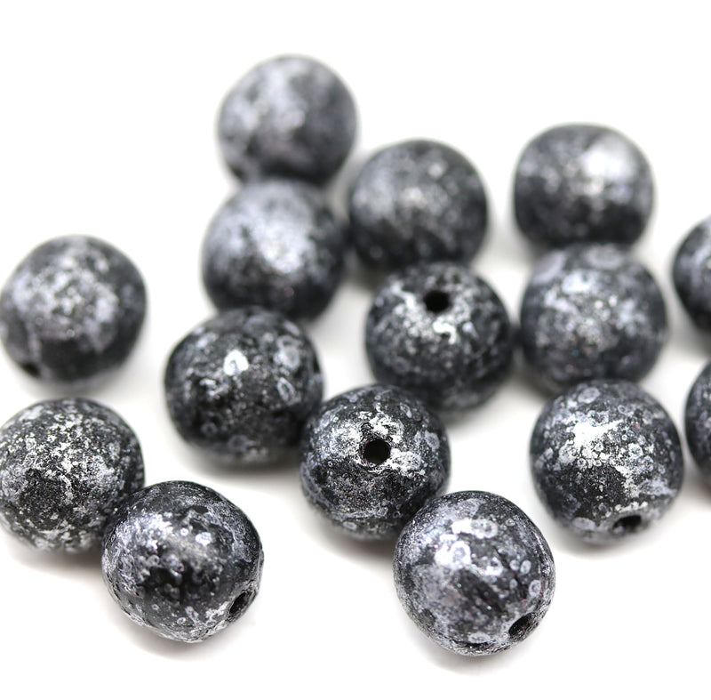 8mm Black with silver wash round czech glass druk beads, 15Pc