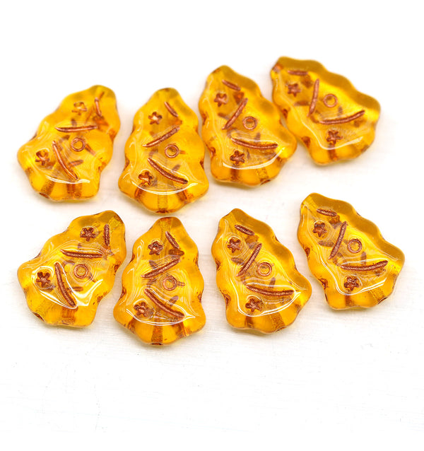 Amber yellow Christmas tree beads Czech glass 8pc