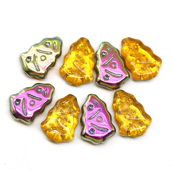 Amber yellow Christmas tree beads Metallic luster Czech glass 8pc