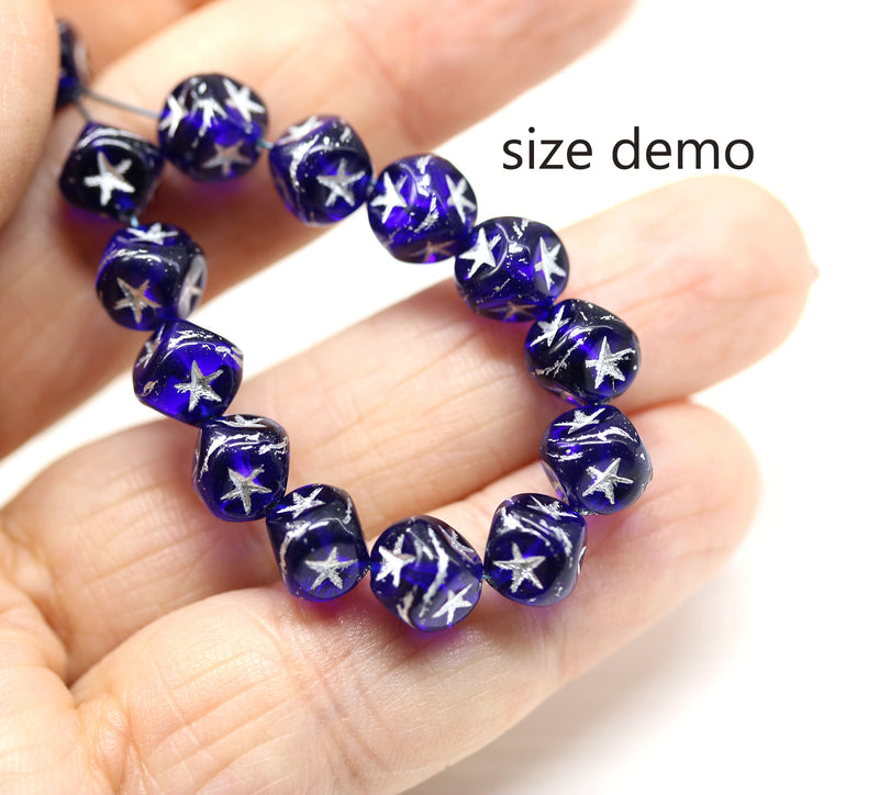 7mm Dark blue cube czech glass beads, golden star ornament, 25pc