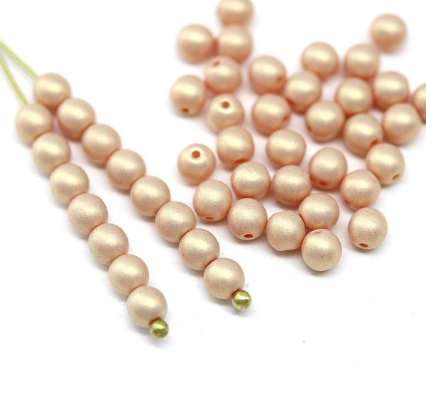 4mm Peach pearl shine Czech glass round druk spacers, 50pc