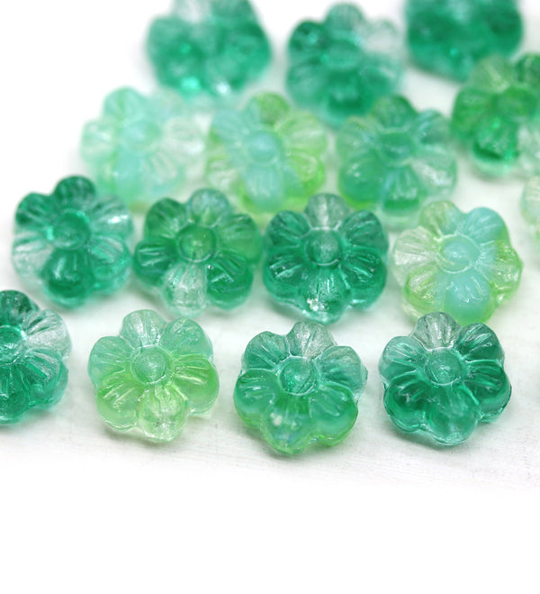 8mm Green daisy flower czech glass beads, 20pc