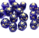 7mm Dark blue cube czech glass beads, golden star ornament, 25pc