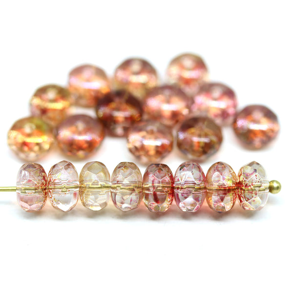 4x7mm Goldish pink vitrail czech glass fire polished rondelle beads 20pc