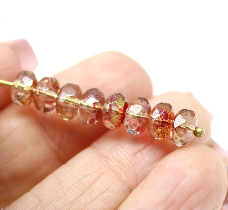 4x7mm Goldish pink vitrail czech glass fire polished rondelle beads 20pc