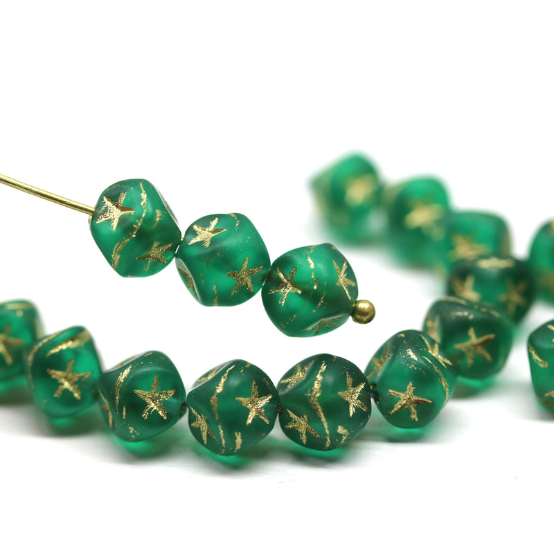 7mm Emerald green cube czech glass beads, golden star ornament, 25pc
