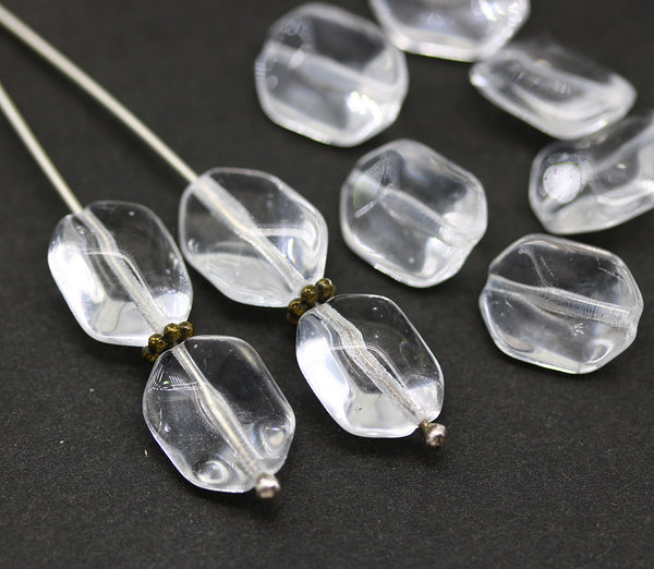 14x10mm Crystal clear large geometry hexagon Czech glass beads, 10pc