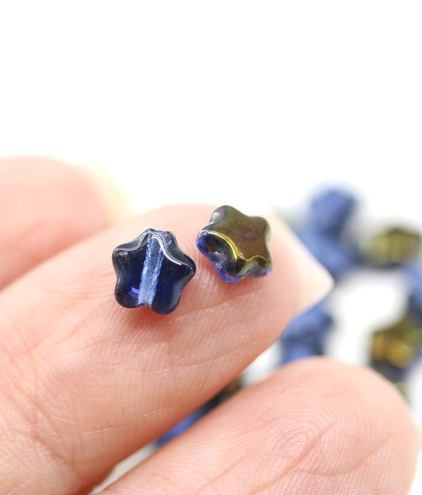 6mm Dark Blue metallic Czech glass star beads 25pc