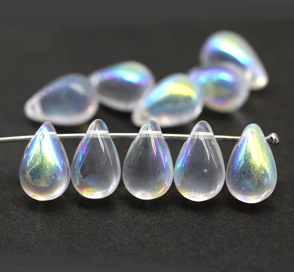 8x13mm Crystal clear AB finish czech glass top drilled teardrops 10pc
