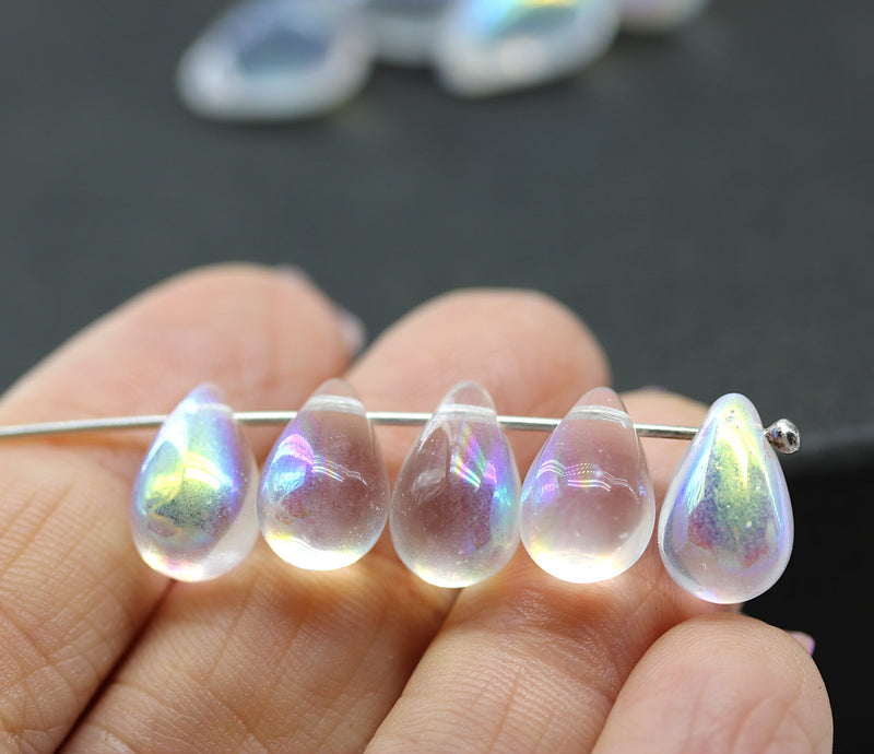 8x13mm Crystal clear AB finish czech glass top drilled teardrops 10pc