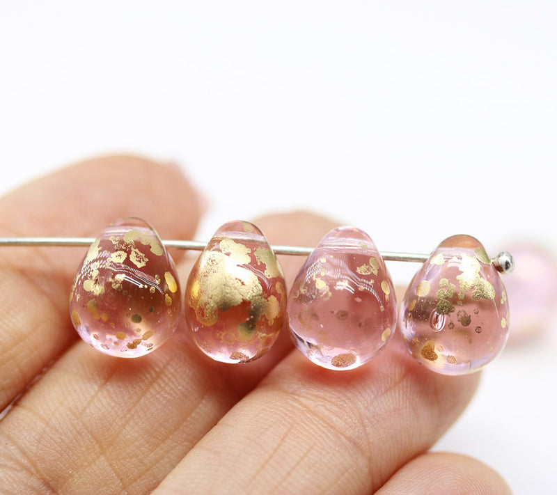 10x13mm Pink teardrops czech glass large briolettes gold flakes, 4pc