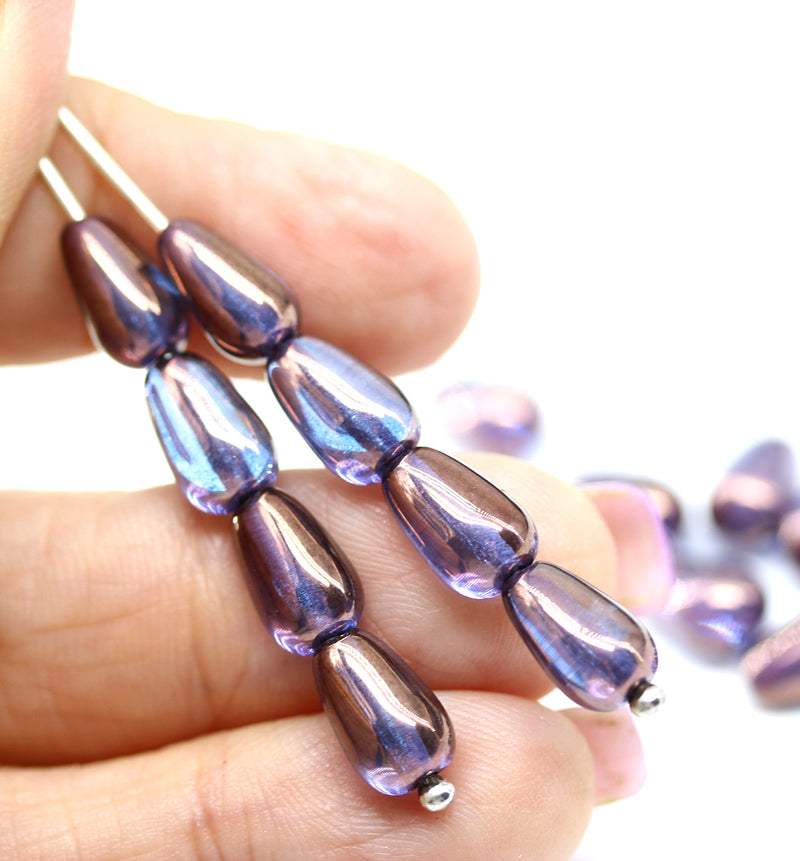 10x6mm Purple blue pear shape teardrop czech glass beads 20pc