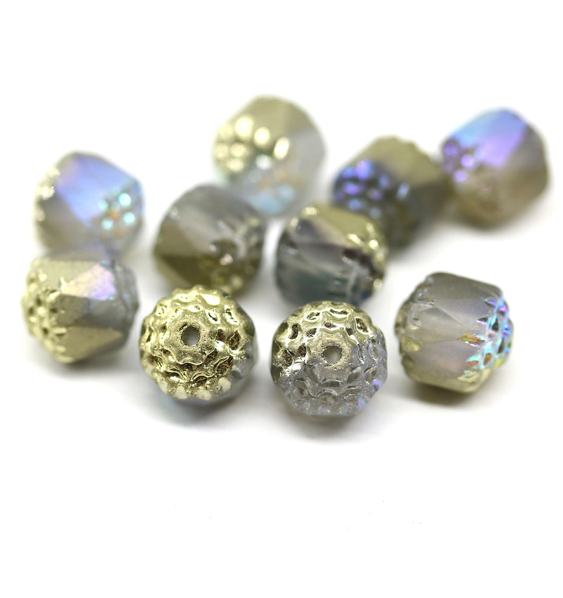 8mm Frosted glass cathedral beads golden coating 10pc