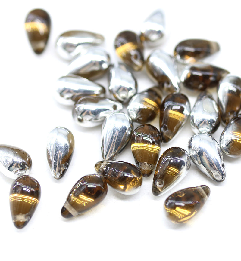 6x10mm Brown silver czech glass top drilled teardrops 30pc
