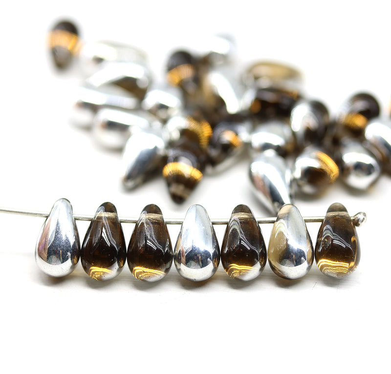 6x10mm Brown silver czech glass top drilled teardrops 30pc