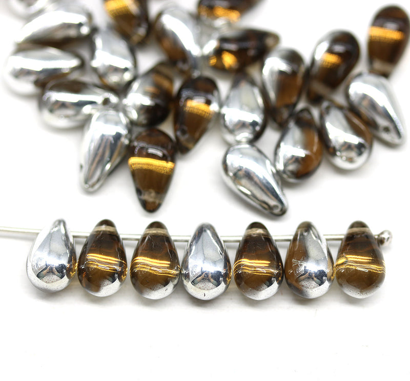 6x10mm Brown silver czech glass top drilled teardrops 30pc
