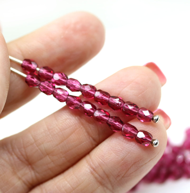 4mm Dark fuchsia pink czech glass faceted fire polished beads - 50Pc