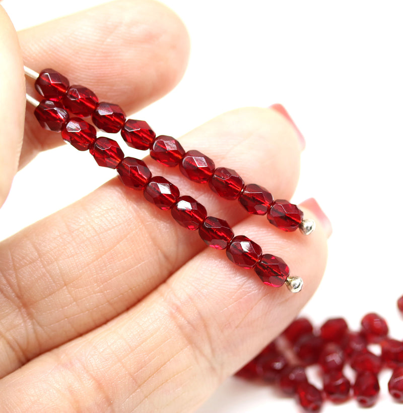 4mm Ruby red Czech glass beads fire polished - 50Pc