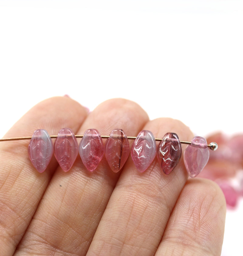 10x6mm Mixed pink leaf Czech glass beads - 40Pc