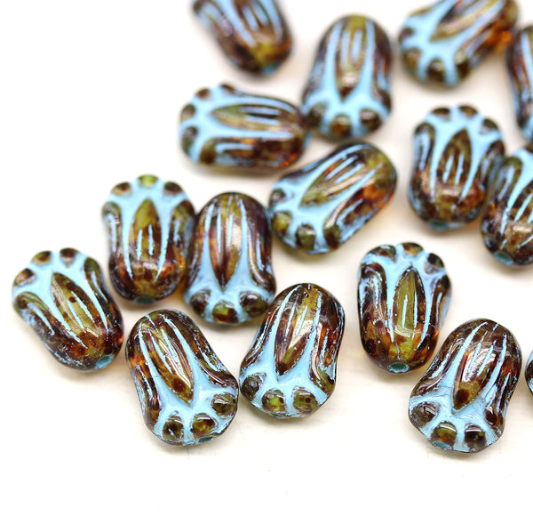 10x7mm Brown picasso tulip beads blue inlays Czech glass flower