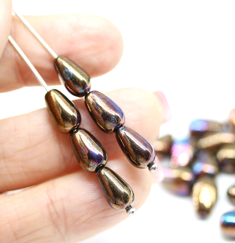 10x6mm Copper metallic pear shape teardrop czech glass beads 20pc