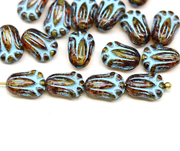 10x7mm Brown picasso tulip beads blue inlays Czech glass flower