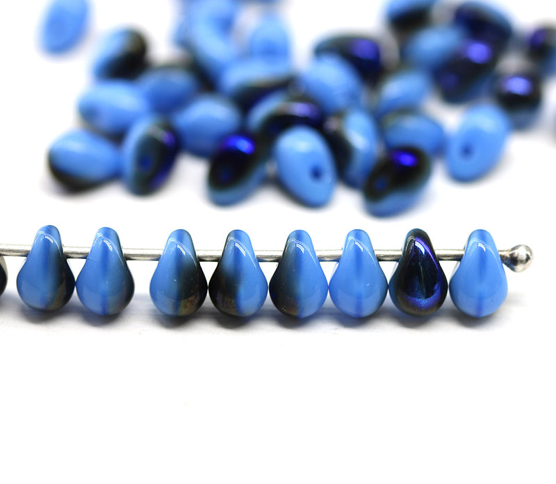 4x6mm Periwinkle blue metallic czech glass teardrop beads 40pc