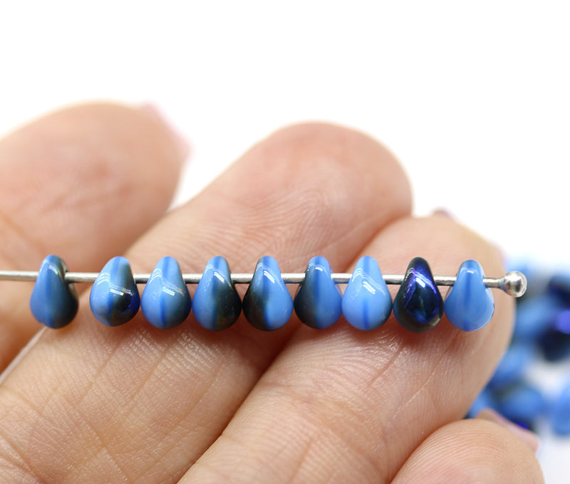 4x6mm Periwinkle blue metallic czech glass teardrop beads 40pc