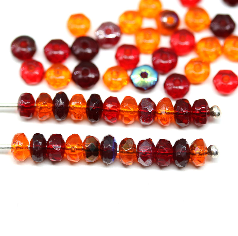 2x3mm Orange red rondelle tiny czech glass spacers beads mix, 50Pc