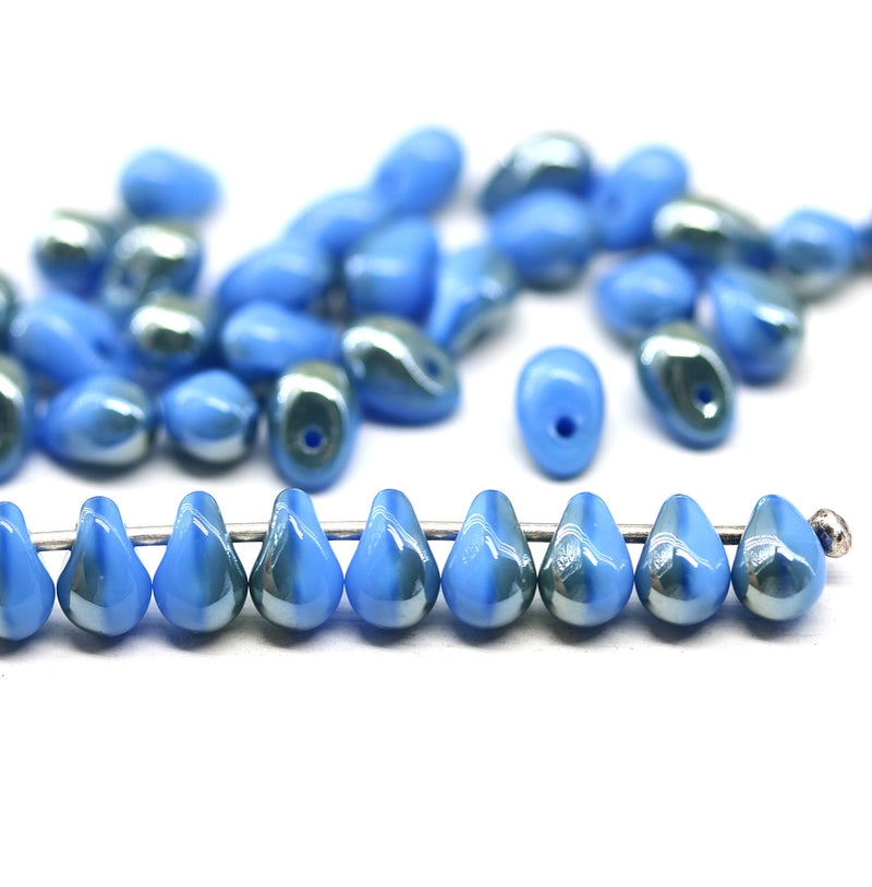 4x6mm Periwinkle blue light metallic czech glass teardrop beads 40pc