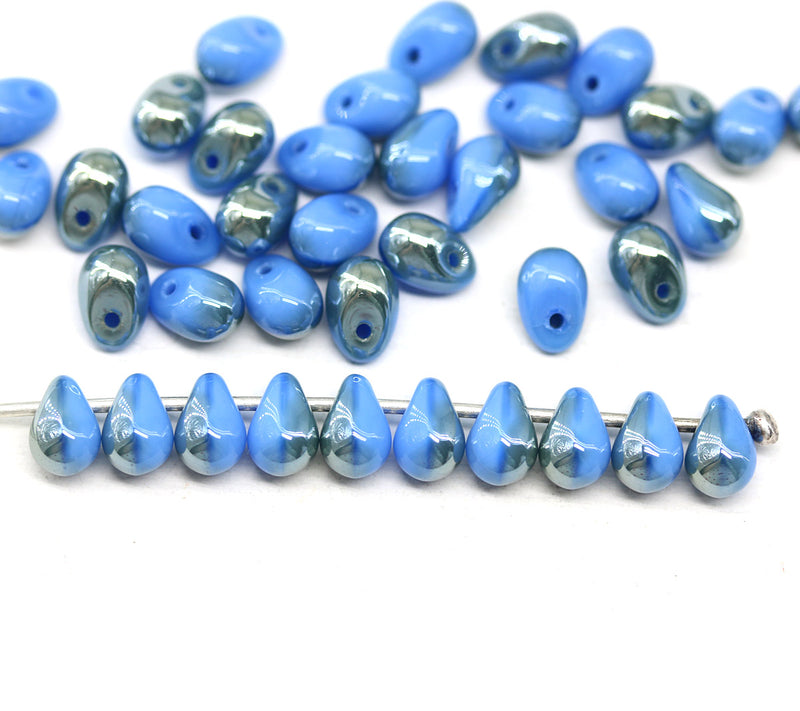 4x6mm Periwinkle blue light metallic czech glass teardrop beads 40pc