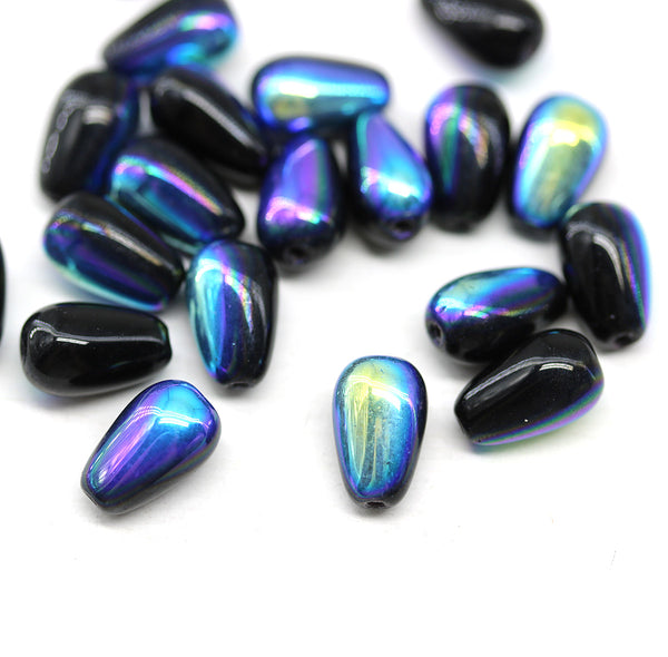 10x6mm Jet black metallic blue pear shape teardrop czech glass beads 20pc