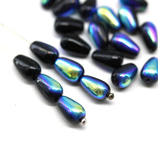 10x6mm Jet black metallic blue pear shape teardrop czech glass beads 20pc