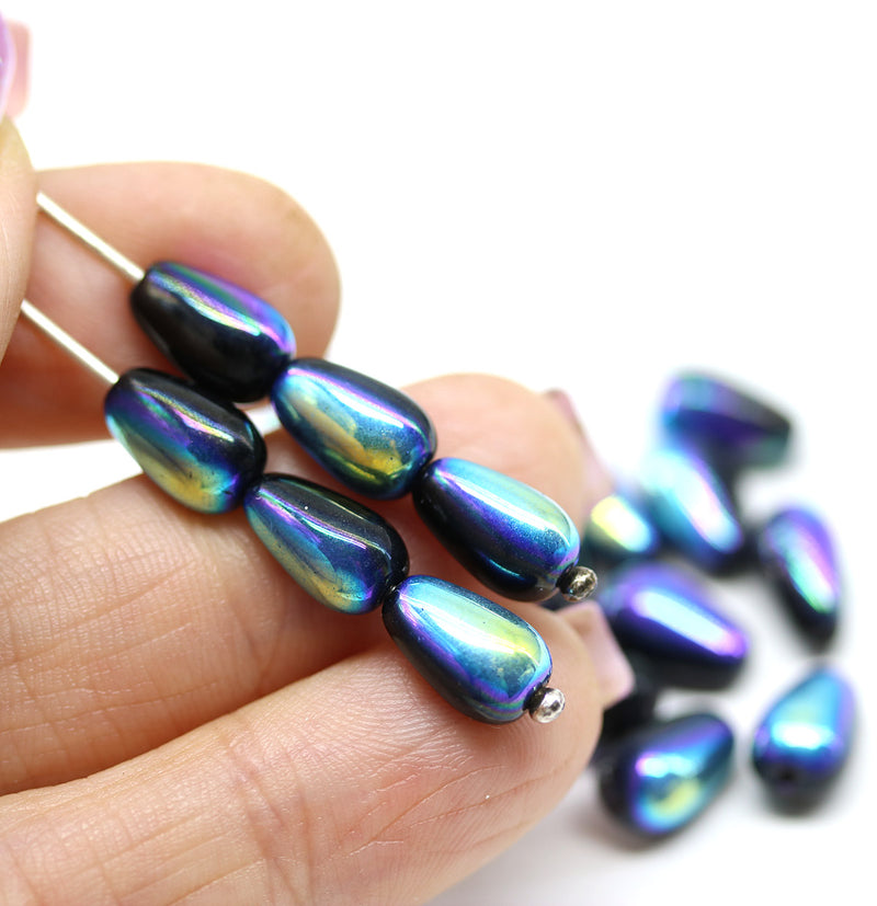 10x6mm Jet black metallic blue pear shape teardrop czech glass beads 20pc