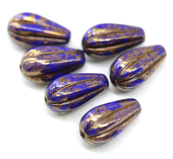 15x8mm Dark blue pear shape teardrop czech glass beads old gold