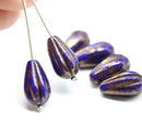 15x8mm Dark blue pear shape teardrop czech glass beads old gold
