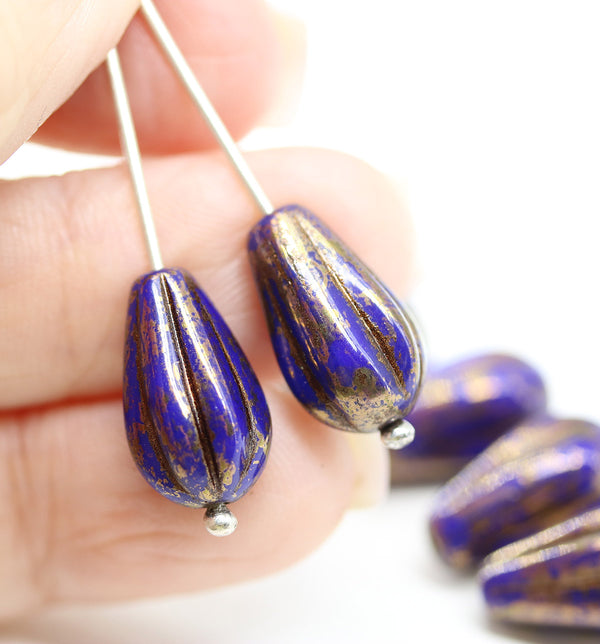 15x8mm Dark blue pear shape teardrop czech glass beads old gold