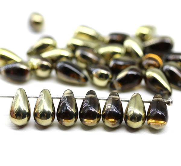 6x10mm Brown gold czech glass top drilled teardrops 30pc