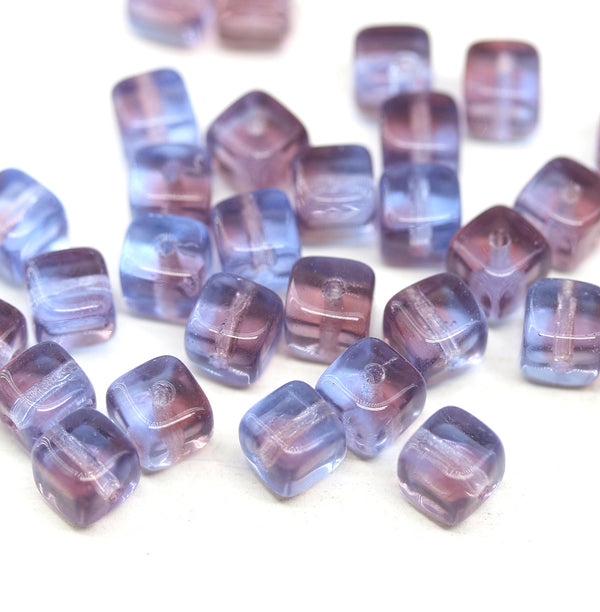 7x6mm Purple blue cube czech glass beads 30pc