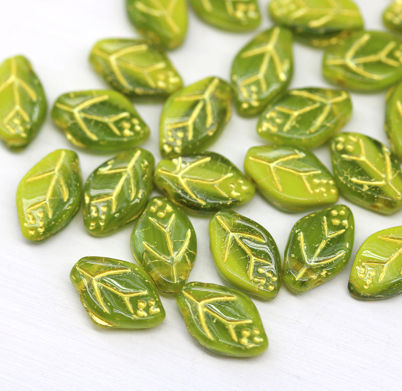 12x7mm Mixed green gold inlays Czech glass Leaf beads 30Pc