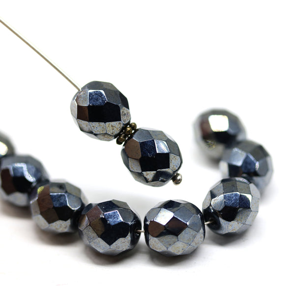 10mm Gunmetal Black round Fire polished czech glass beads - 10Pc