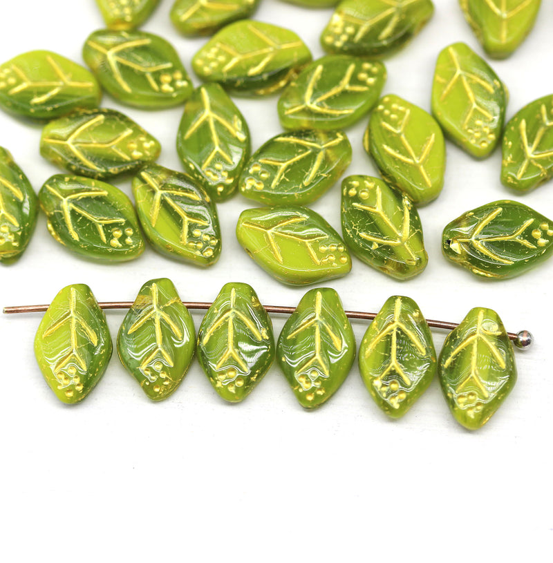 12x7mm Mixed green gold inlays Czech glass Leaf beads 30Pc